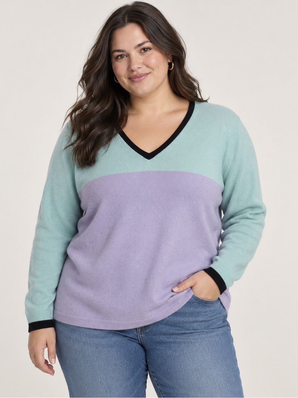 Lands’ End 100% Cashmere Colorblock V-Neck Sweater 1X Pastel Lavender Mint